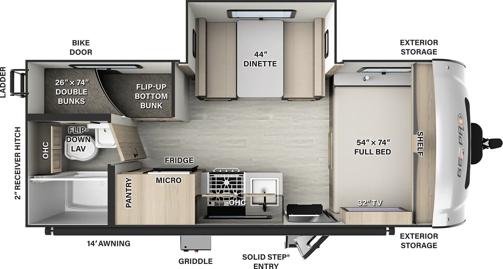 The G20BHS has one slide out and one entry. Exterior features storage, solid step entry, bike door, ladder, 2 inch receiver hitch, griddle, and 14 foot awning. Interior layout front to back: side-facing full bed with overhead shelf and TV; off-door side slide out with dinette; door side entry, kitchen counter with sink, overhead cabinet, microwave, refrigerator, and pantry; rear off-door side double bunks with flip-up bottom bunk; rear door side full bathroom with overhead cabinet and flip-down lavatory.